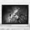 Woman Umbrella Rain bikes Street Night Black & White Wall Art Print