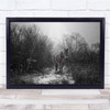 Black & White Alone Horse Trees Snowy Field Winter Wall Art Print