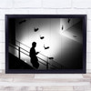 Falling Cats black and white man silhouette stairs Wall Art Print