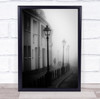foggy houses and lamp posts street black and white Wall Art Print