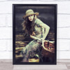 Jess woman floral dress straw hat sitting on bike Wall Art Print