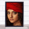 Woman red head scarf close up stare expression Wall Art Print