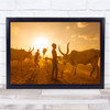 Gold Documentary Animal Cows Cattle Horns Sun Wall Art Print