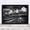 Landscape road black and white fields clouds Wall Art Print