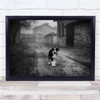 Dog Walking Rural Buildings black and white Wall Art Print