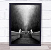 Waiting dog on stairs black and white eerie Wall Art Print
