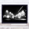 Man street dark lamp posts city buildings Wall Art Print