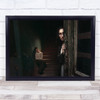 Woman staring glasses door peeking stairs Wall Art Print
