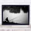 Man Fishing Lake Three Rods Black White Wall Art Print