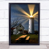 Bench Night Denmark Lighthouse Rays Light Beams Architecture Wall Art Print