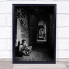 Bagan Myanmar Monk Black & White Tunnel Arch Doorway Read Reading Study Print