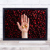 Dark Red Berries and Cherries Golden Cherries in Hands Palm Wall Art Print