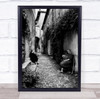 Street Black & White Alley Old Woman Bench Stick Cane Lady Town Ivy Print