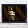 Portrait Brown Girl Model Woman Cute Wolf Fox Cub Baby Hug Wall Art Print