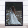 Woman in white dress holding raccoon Wall Art Print