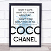 Blue Coco Chanel Don't Care What You Think About Me Quote Wall Art Print