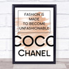 Watercolour Coco Chanel Unfashionable Quote Print