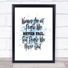 Never Fail Inspirational Quote Print Blue Watercolour Poster