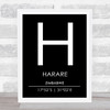 Harare Zimbabwe Coordinates Black & White World City Travel Print