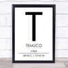 Temuco Chile Coordinates World City Travel Print