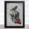 Grey Gothic Skull With Raven And Flowers Home Wall Art Print