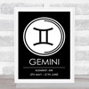 Zodiac Star Sign Black & White Symbol Gemini Wall Art Print