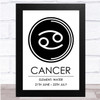 Zodiac Star Sign White & Black Symbol Cancer Wall Art Print