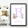 Cute Animals Bear And Rabbit Purple Any Initial Personalised Wall Art Print