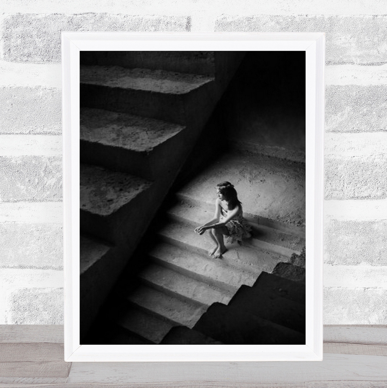 Portrait Sitting Girl Stairs Flowers Sad Lonely Loneliness Wall
