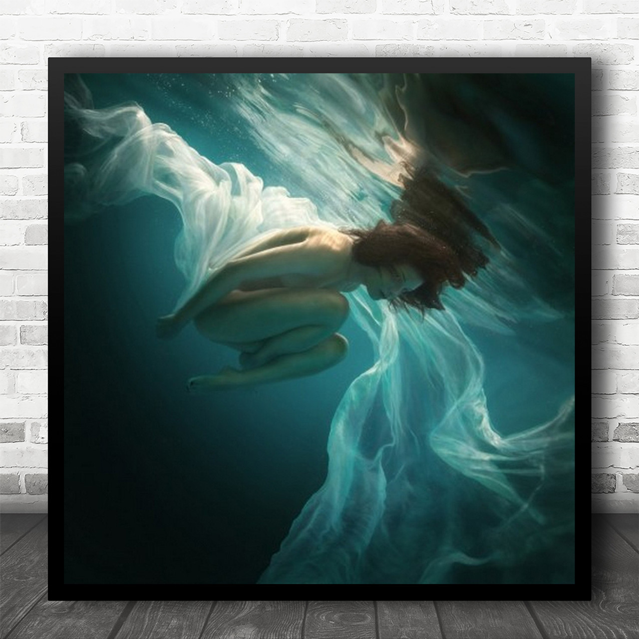 Abstract Underwater Naked Woman Deep Blue Bottom Pool Reflection Square Wall  Art Print Wild Wall Art
