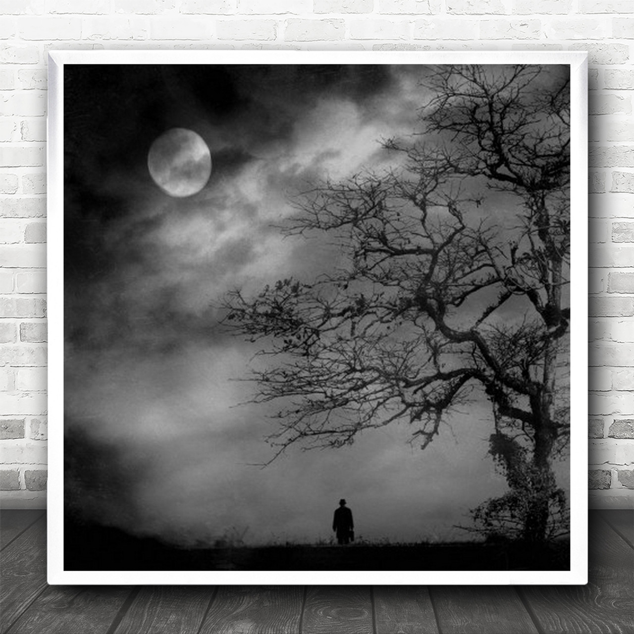 Moon Figure Noir Dark Low-Key Thriller Tree Lonely Man This Square Wall Art  Print - Wild Wall Art