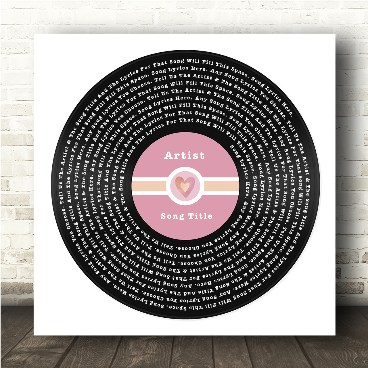 Square Pink Heart Vinyl Record Label Any Song Lyric ...