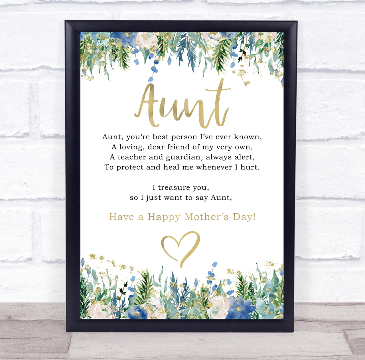 Blue Floral & Gold Mothers Day Poem Aunt Personalised Gift Art Print - Wild  Wall Art