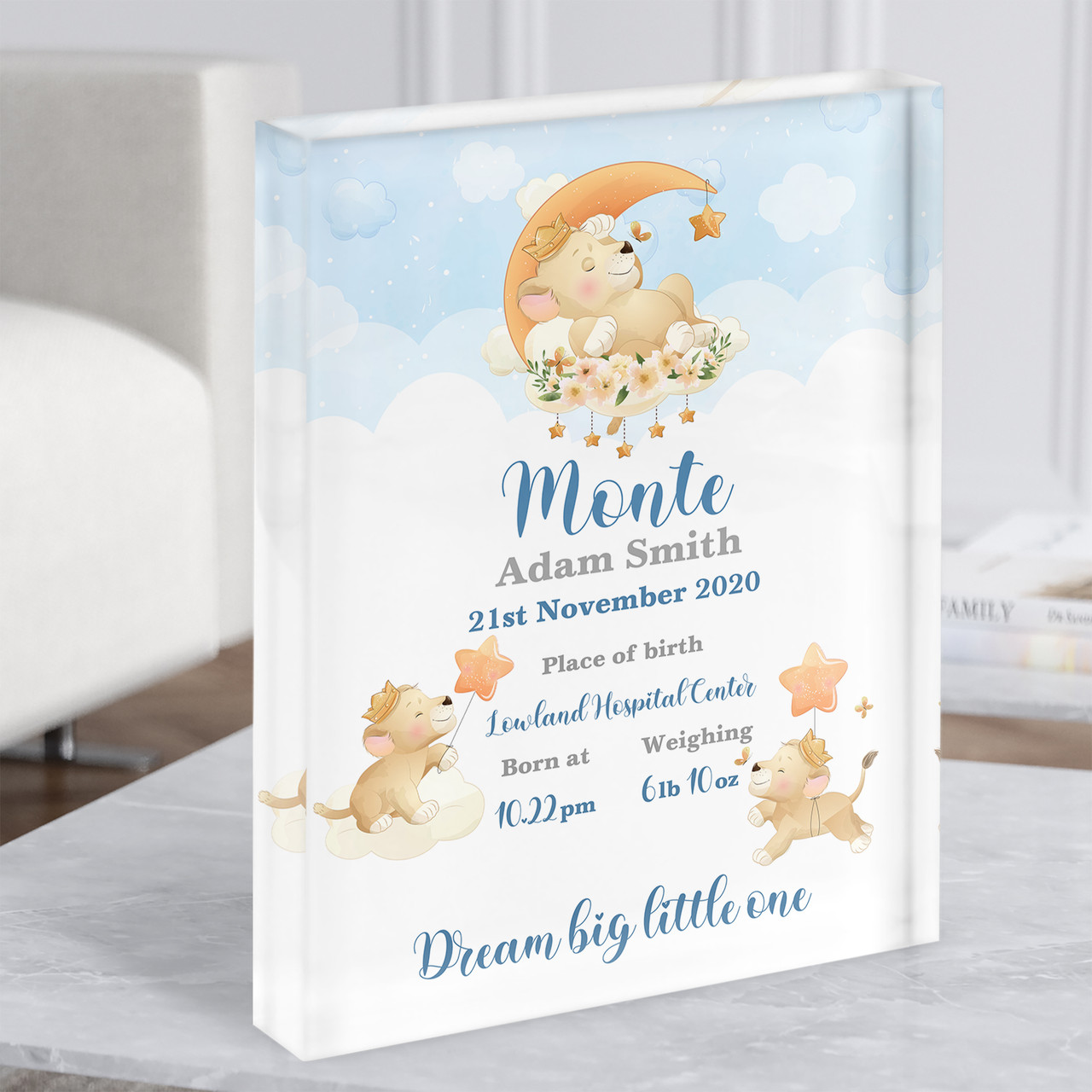 New Baby Birth Details Christening Nursery Baby Lions Gift Acrylic