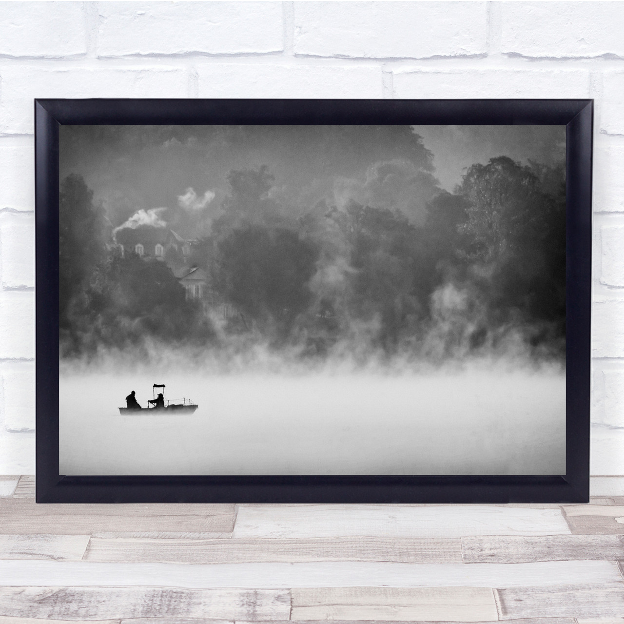 Lake Water Fog Mist Smoke Building Trees Wood Boat Men Fishing Wall Art  Print - Wild Wall Art