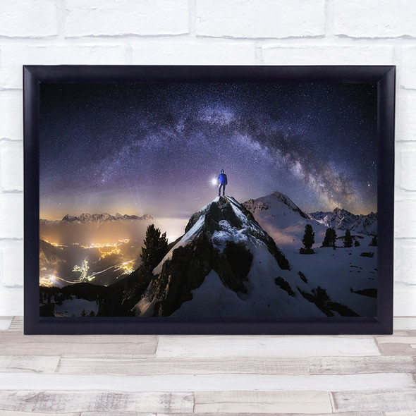 Astra Stars Night Winter Mountain Arch Bow Snow Hiker Torch Wall Art Print