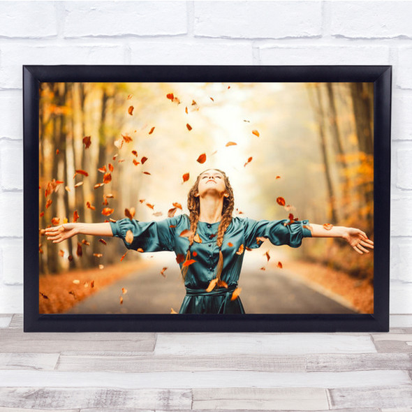 Autumn Happiness Portrait Woman Leaves Free Freedom Mood Emotion Wall Art Print