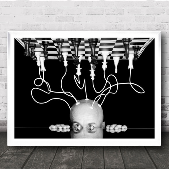 Life Portrait Wired Head Chess White Glass Table Reflection Eyes Wall Art Print