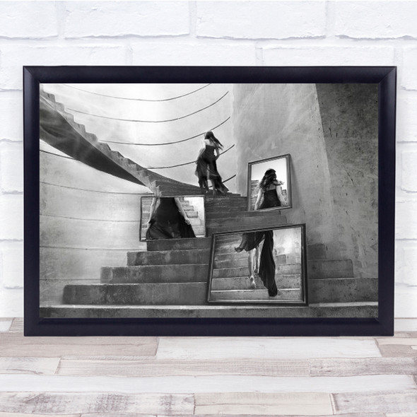 Run Away Mirror Frame Self B&W Stairs Stairway Staircase Fashion Wall Art Print