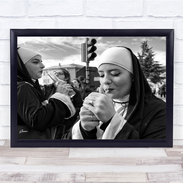 Red Dot Nun Nuns B&W Drink Drinking Bottle Smoke Smoking Smoker Wall Art Print