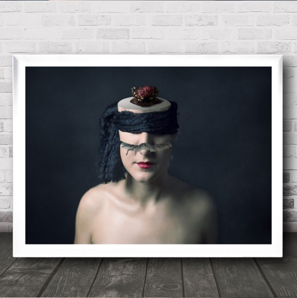Woman Surreal Disturbing Cracked Face Scarf Wrapped Around Eyes Wall Art Print