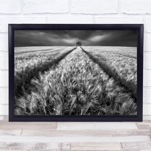 Alone Field Landscape Tree Lonely Windy Wind Poland Tracks B&W Wall Art Print