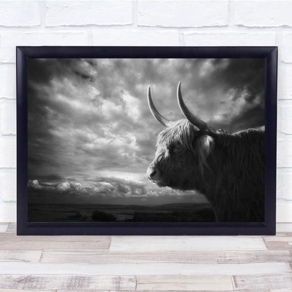 The Highlands Silhouette Bison Animal Landscape Horns Horn B&W Wall Art Print