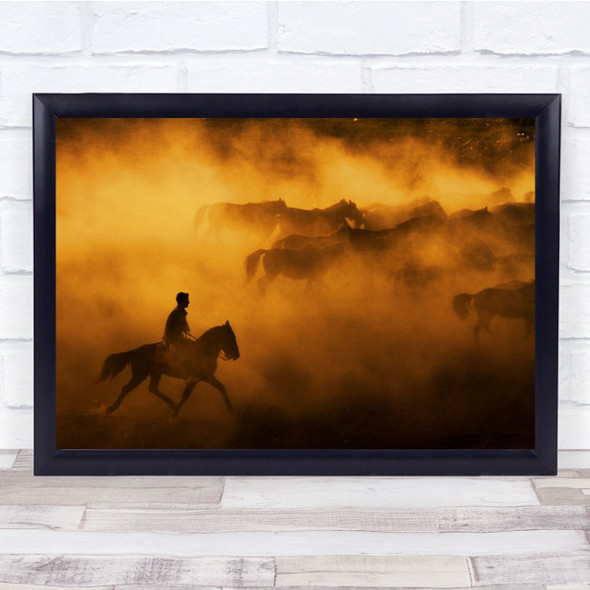 Cowboy Horse Silhouette Fog Mist Haze Gold Golden Ride Rider Wall Art Print