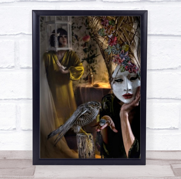 Feeding Mask Hat Bird Falcon Face Cage Portrait Dress Yellow Wall Art Print