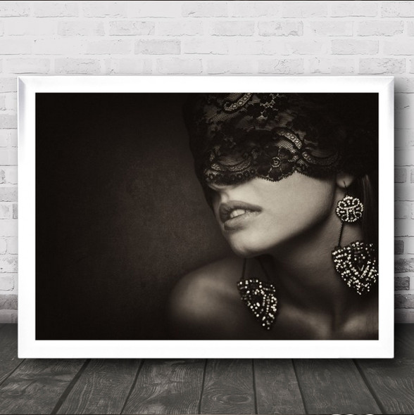 Mystery Female Portrait Fashion Lace Mask Earrings Blindfold Wall Art Print