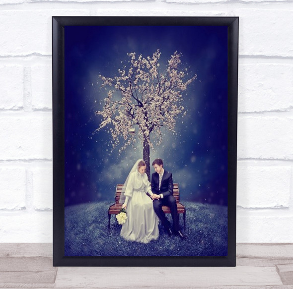 Spring Snow Love Romance Marriage Couple Tree Bench Romantic Wall Art Print