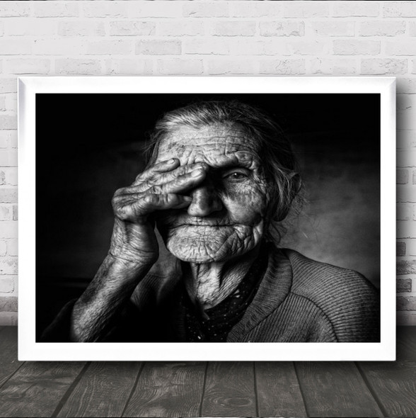 Strong B&W Portrait Lady Old Age Experience Wise Wisdom Hand Wall Art Print