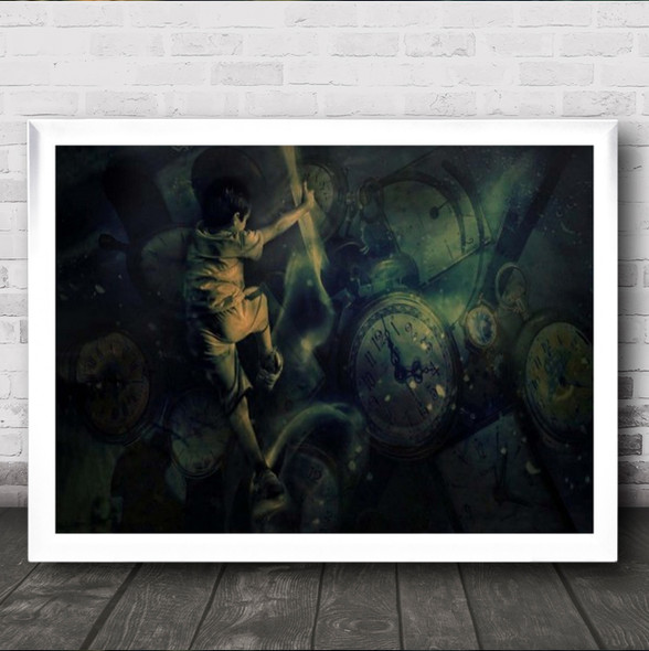 Through Time Clock Watch Surreal Fantasy Imagination Boy Climbing Art Print