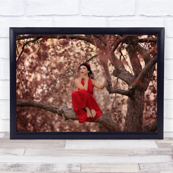 Dreams Portrait Climb Climbing Climber Tree Red Dress Woman Wall Art Print